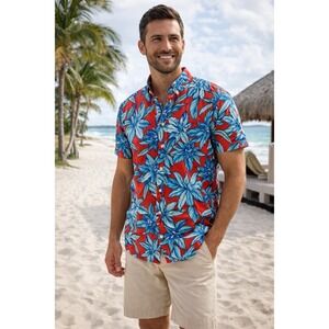 Bonobos Slim Fit Hawaiian Shirt Red Blue Floral Tropical Mens L Resort Vacation